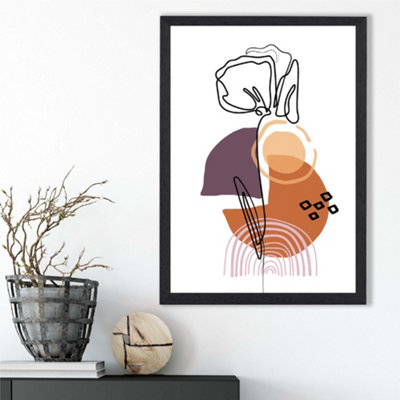 Artze Wall Art Carnation Floral Line Art With Boho Purple And Orange Shapes Framed Print Size: A3 With Black Frame from B&Q