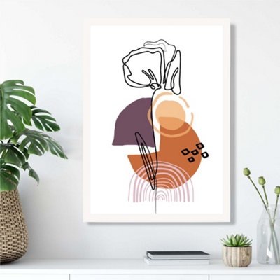Artze Wall Art Carnation Floral Line Art With Boho Purple And Orange Shapes Framed Print Size: A3 With White Frame from B&Q
