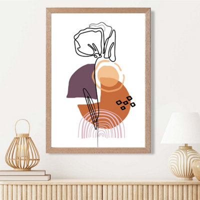 Artze Wall Art Carnation Floral Line Art With Boho Purple And Orange Shapes Framed Print Size: A3 With Oak Frame from B&Q