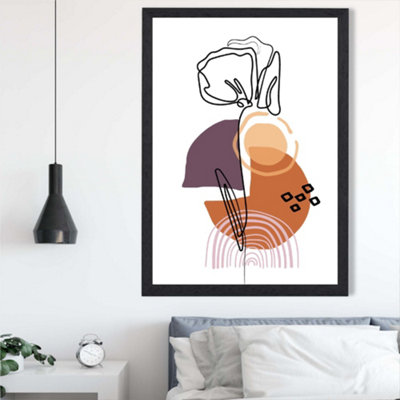 Artze Wall Art Carnation Floral Line Art With Boho Purple And Orange Shapes Framed Print Size: A2 With Black Frame from B&Q