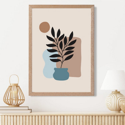 Artze Wall Art BeigeBlue And Brown Boho Graphical Floral  Framed Print Size: A3 With Oak Frame from B&Q