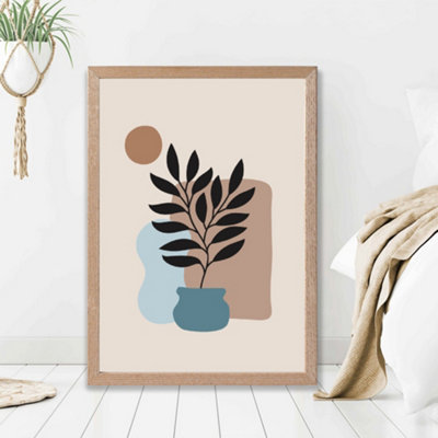 Artze Wall Art BeigeBlue And Brown Boho Graphical Floral  Framed Print Size: A2 With Oak Frame from B&Q