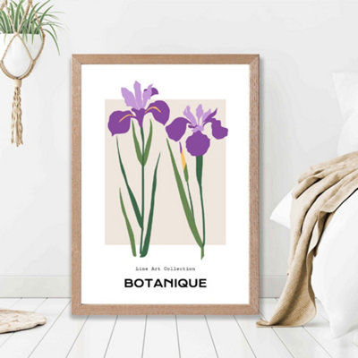 Artze Wall Art Purple Iris Plants Flower Market Minimalist Framed Print Size: A2 With Oak Frame from B&Q