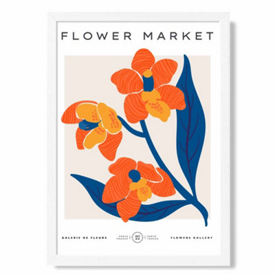 Artze Wall Art Orange And Blue Wildflower Flower Market Exhibition Art Print With White Frame Size: A4 from B&Q