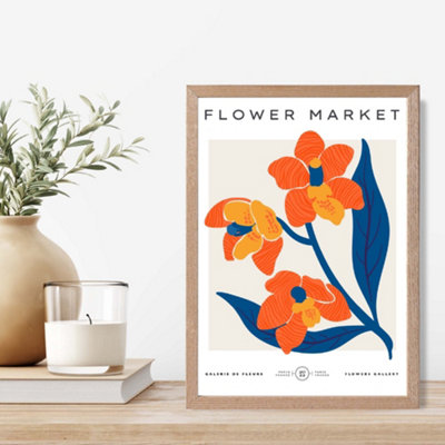 Artze Wall Art Orange And Blue Wildflower Flower Market Exhibition Framed Print Size: A4 With Oak Frame from B&Q