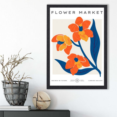 Artze Wall Art Orange And Blue Wildflower Flower Market Exhibition Framed Print Size: A3 With Black Frame from B&Q