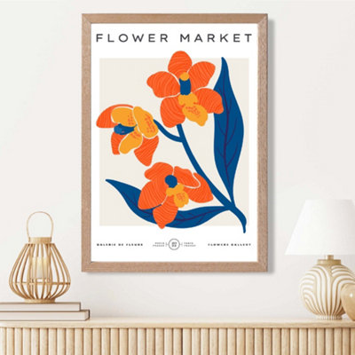 Artze Wall Art Orange And Blue Wildflower Flower Market Exhibition Framed Print Size: A3 With Oak Frame from B&Q