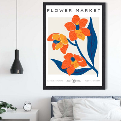 Artze Wall Art Orange And Blue Wildflower Flower Market Exhibition Framed Print Size: A2 With Black Frame from B&Q