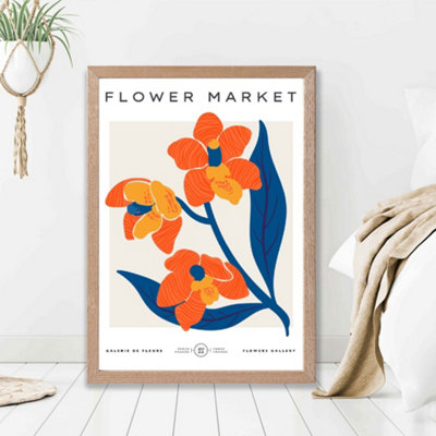 Artze Wall Art Orange And Blue Wildflower Flower Market Exhibition Framed Print Size: A2 With Oak Frame from B&Q