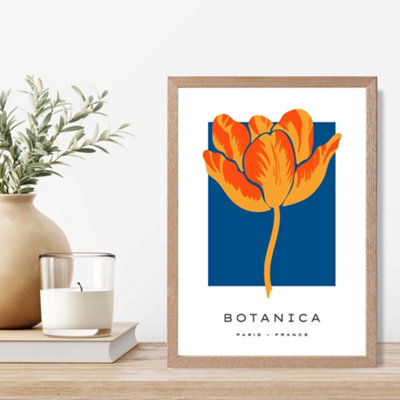 Artze Wall Art Orange And Blue Tulip Flower Market Exhibition Framed Print Size: A4 With Oak Frame from B&Q