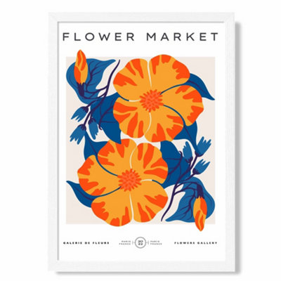 Artze Wall Art Orange And Blue Cosmos Flower Market Exhibition Art Print With White Frame Size: A4 from B&Q