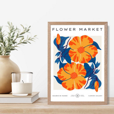 Artze Wall Art Orange And Blue Cosmos Flower Market Exhibition Framed Print Size: A4 With Oak Frame from B&Q