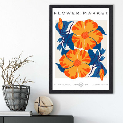 Artze Wall Art Orange And Blue Cosmos Flower Market Exhibition Framed Print Size: A3 With Black Frame from B&Q