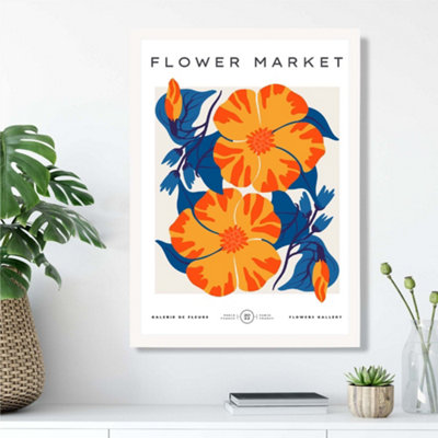 Artze Wall Art Orange And Blue Cosmos Flower Market Exhibition Framed Print Size: A3 With White Frame from B&Q