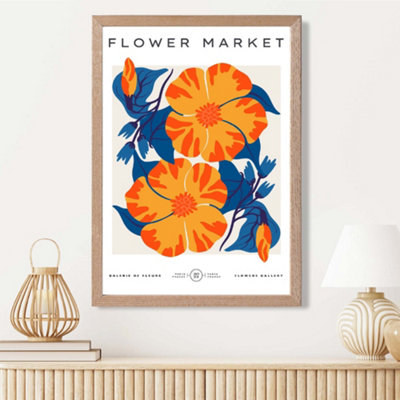 Artze Wall Art Orange And Blue Cosmos Flower Market Exhibition Framed Print Size: A3 With Oak Frame from B&Q