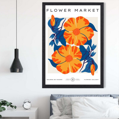 Artze Wall Art Orange And Blue Cosmos Flower Market Exhibition Framed Print Size: A2 With Black Frame from B&Q