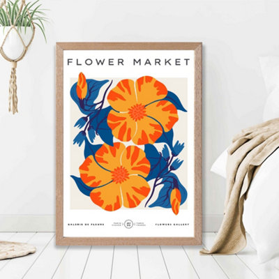 Artze Wall Art Orange And Blue Cosmos Flower Market Exhibition Framed Print Size: A2 With Oak Frame from B&Q