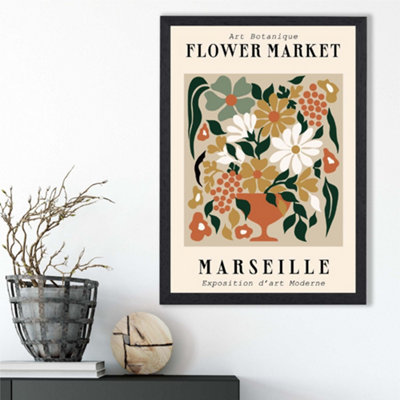Artze Wall Art Marseille Beige And Green Flower Market Exhibition Framed Print Size: A3 With Black Frame from B&Q