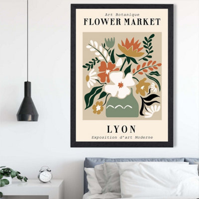 Artze Wall Art Lyon Beige And Green Flower Market Exhibition Framed Print Size: A2 With Black Frame from B&Q