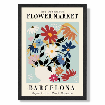 Artze Wall Art Barcelona Blue And Pink Flower Market Exhibition Art Print With Black Frame Size: A4 from B&Q