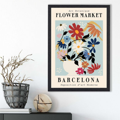 Artze Wall Art Barcelona Blue And Pink Flower Market Exhibition Framed Print Size: A3 With Black Frame from B&Q