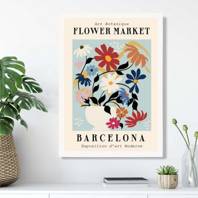Artze Wall Art Barcelona Blue And Pink Flower Market Exhibition Framed Print Size: A3 With White Frame from B&Q