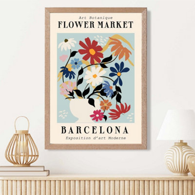 Artze Wall Art Barcelona Blue And Pink Flower Market Exhibition Framed Print Size: A3 With Oak Frame from B&Q