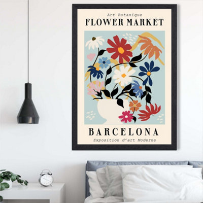 Artze Wall Art Barcelona Blue And Pink Flower Market Exhibition Framed Print Size: A2 With Black Frame from B&Q