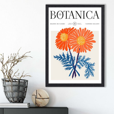 Artze Wall Art Blue And Orange Chrysanthemum Flower Market Exhibition Framed Print Size: A3 With Black Frame from B&Q