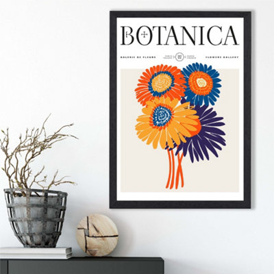 Artze Wall Art Orange And Blue Gerbera Daisies Flower Market Exhibition Framed Print Size: A3 With Black Frame from B&Q