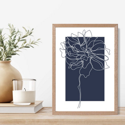 Artze Wall Art Navy Blue And White Abstract Floral Line Art Framed Print Size: A4 With Oak Frame from B&Q
