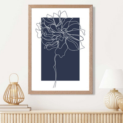 Artze Wall Art Navy Blue And White Abstract Floral Line Art Framed Print Size: A3 With Oak Frame from B&Q