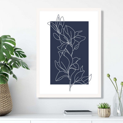 Artze Wall Art Abstract Navy Blue And White  Floral Line Art Framed Print Size: A3 With White Frame from B&Q