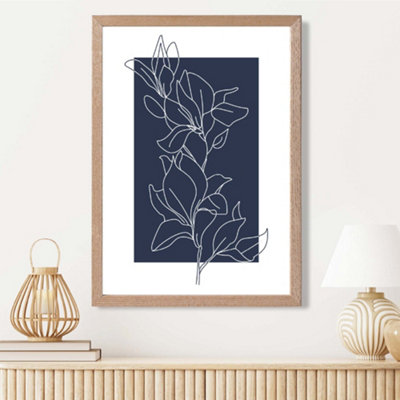 Artze Wall Art Abstract Navy Blue And White  Floral Line Art Framed Print Size: A3 With Oak Frame from B&Q