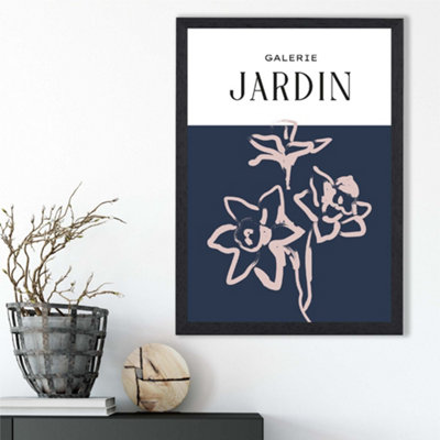 Artze Wall Art Navy Blue And Blush Flowers Boho Sketch Floral Framed Print Size: A3 With Black Frame from B&Q