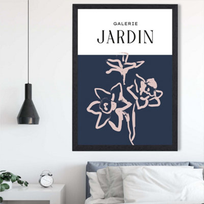 Artze Wall Art Navy Blue And Blush Flowers Boho Sketch Floral Framed Print Size: A2 With Black Frame from B&Q