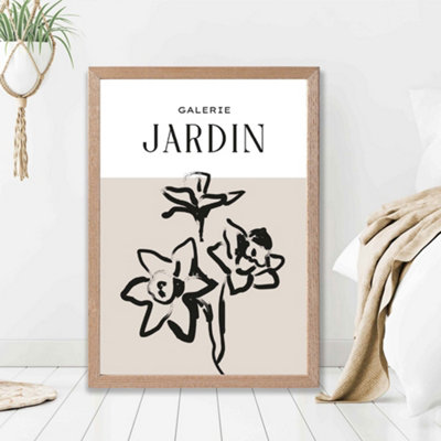 Artze Wall Art Beige And Black Daffodil Boho Sketch Floral Framed Print Size: A2 With Oak Frame from B&Q
