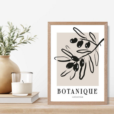 Artze Wall Art Beige And Black Olive Boho Sketch Floral Framed Print Size: A4 With Oak Frame from B&Q