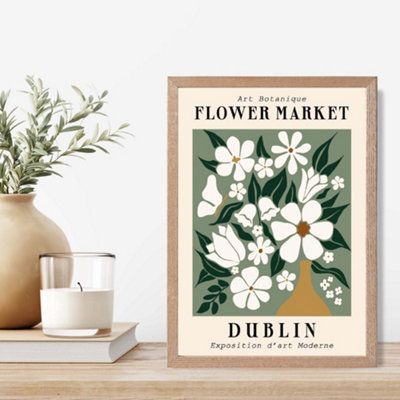 Artze Wall Art Dublin Green And White Flower Market Exhibition Framed Print Size: A4 With Oak Frame from B&Q
