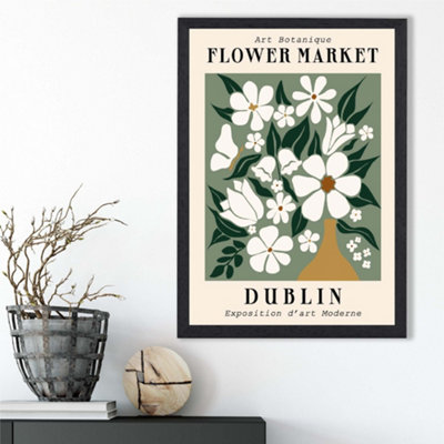 Artze Wall Art Dublin Green And White Flower Market Exhibition Framed Print Size: A3 With Black Frame from B&Q
