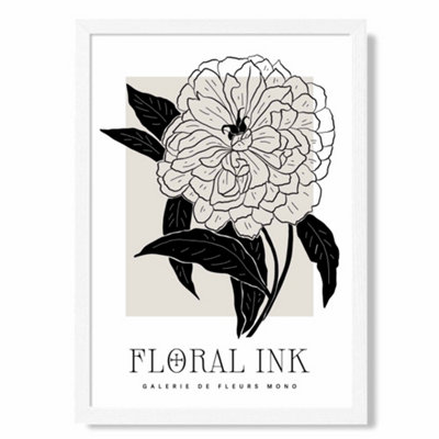 Artze Wall Art Peony Black And Beige Floral Ink Sketch Art Print With White Frame Size: A4 from B&Q