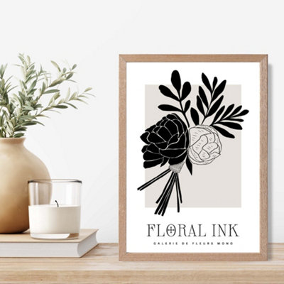 Artze Wall Art Black And Beige Closed Peonies Floral Ink Sketch Framed Print Size: A4 With Oak Frame from B&Q