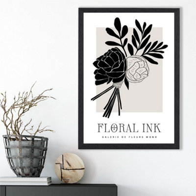 Artze Wall Art Black And Beige Closed Peonies Floral Ink Sketch Framed Print Size: A3 With Black Frame from B&Q