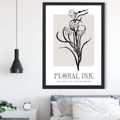 Artze Wall Art Black And Beige Daffodils Floral Ink Sketch Framed Print Size: A2 With Black Frame from B&Q