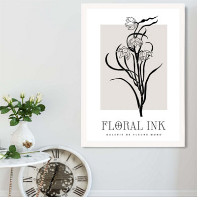 Artze Wall Art Black And Beige Daffodils Floral Ink Sketch Framed Print Size: A2 With White Frame from B&Q