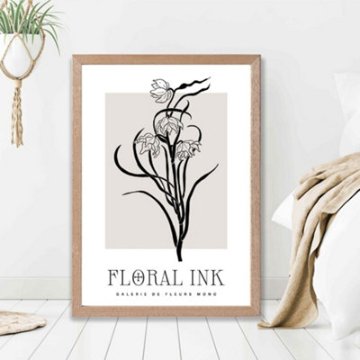 Artze Wall Art Black And Beige Daffodils Floral Ink Sketch Framed Print Size: A2 With Oak Frame from B&Q