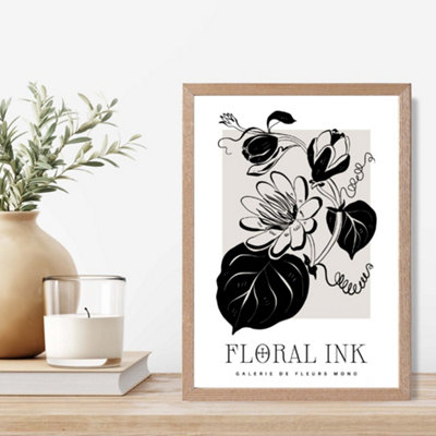 Artze Wall Art Tropical Flowers In Black And Beige Floral Ink Sketch Framed Print Size: A4 With Oak Frame from B&Q