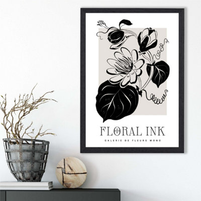 Artze Wall Art Tropical Flowers In Black And Beige Floral Ink Sketch Framed Print Size: A3 With Black Frame from B&Q