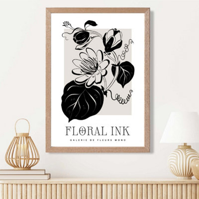 Artze Wall Art Tropical Flowers In Black And Beige Floral Ink Sketch Framed Print Size: A3 With Oak Frame from B&Q