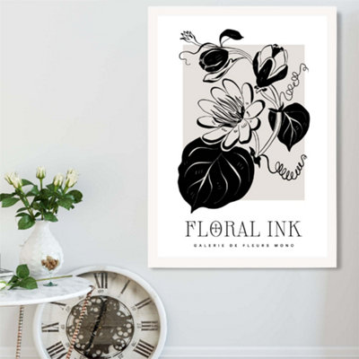 Artze Wall Art Tropical Flowers In Black And Beige Floral Ink Sketch Framed Print Size: A2 With White Frame from B&Q